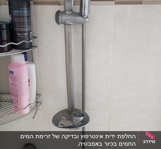 ראש מקלחת עם צינור מתכת על קיר אמבטיה